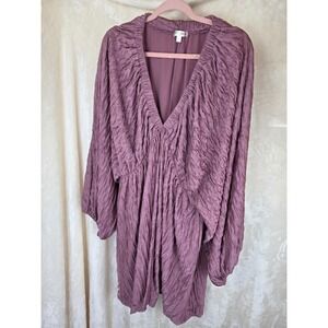 Curvy Sense Mauve Plum Crinkle Textured V-Neck Mini Dress Plus Size 3XL